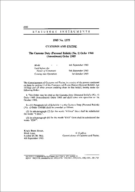 The Customs Duty (Personal Reliefs) (No. 1) Order 1968 (Amendment) Order 1985