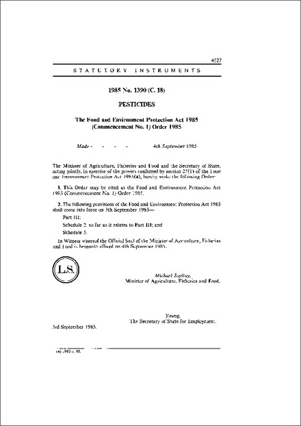 The Food and Environment Protection Act 1985 (Commencement No. 1) Order 1985