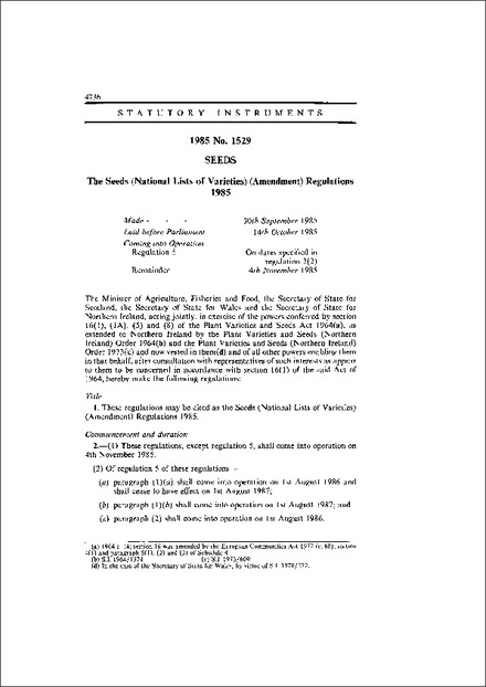The Seeds (National Lists of Varieties) (Amendment) Regulations 1985