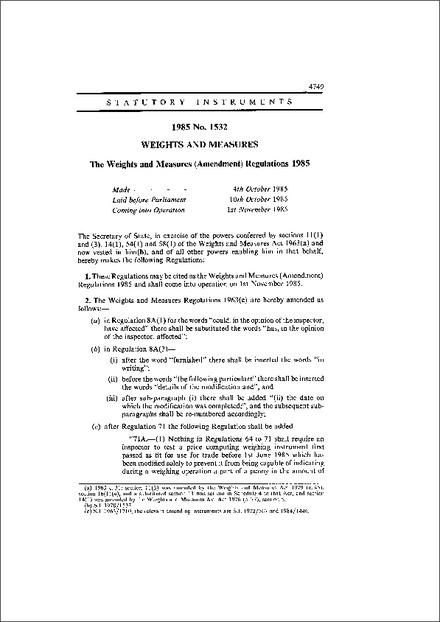 The Weights and Measures (Amendment) Regulations 1985