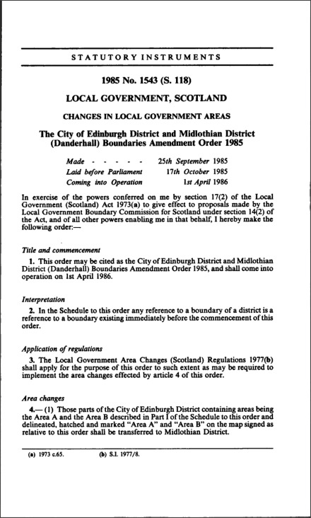 The City of Edinburgh District and Midlothian District (Danderhall) Boundaries Amendment Order 1985