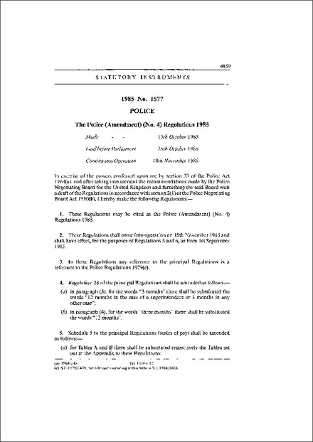 The Police (Amendment) (No. 4) Regulations 1985