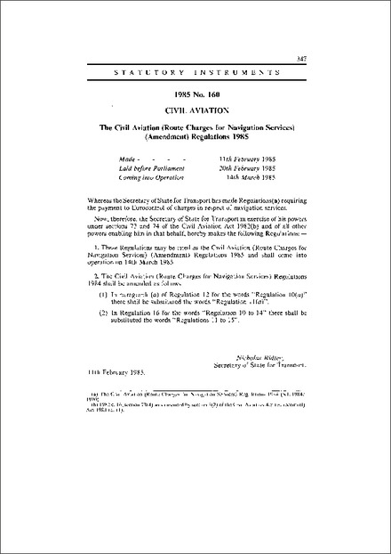 The Civil Aviation (Route Charges for Navigation Services) (Amendment) Regulations 1985