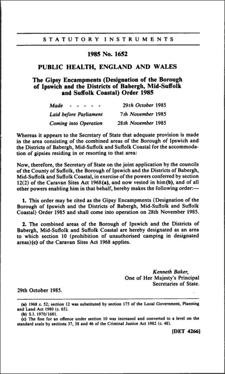 The Gipsy Encampments (Designation of the Borough of Ipswich and the Districts of Babergh, Mid-Suffolk and Suffolk Coastal) Order 1985