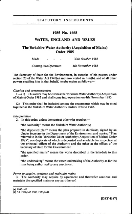 The Yorkshire Water Authority (Acquisition of Mains) Order 1985