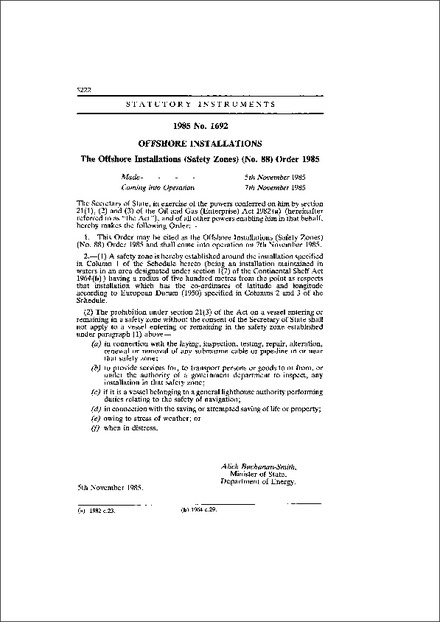 The Offshore Installations (Safety Zones) (No. 88) Order 1985