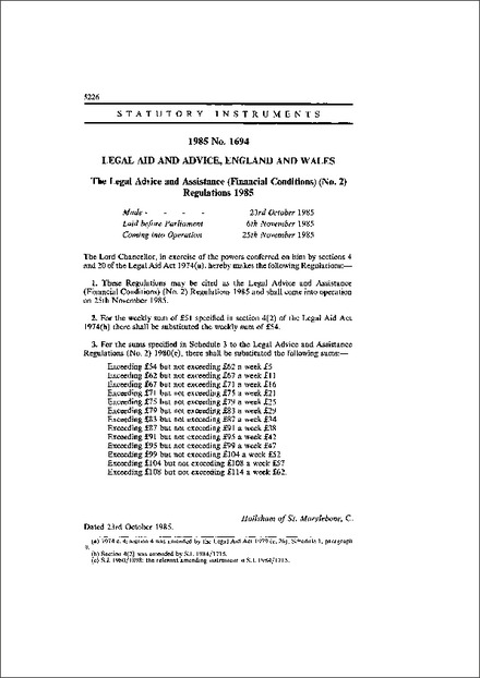 The Legal Advice and Assistance (Financial Conditions) (No. 2) Regulations 1985