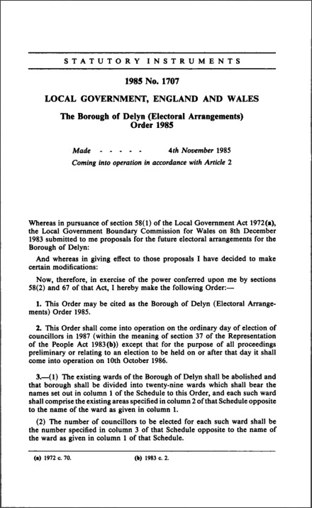 The Borough of Delyn (Electoral Arrangements) Order 1985