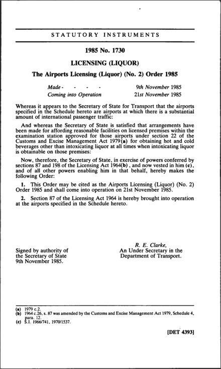 The Airports Licensing (Liquor) (No. 2) Order 1985