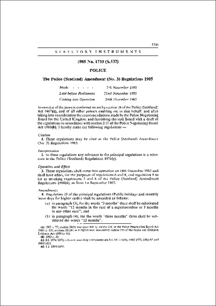 The Police (Scotland) Amendment (No. 3) Regulations 1985