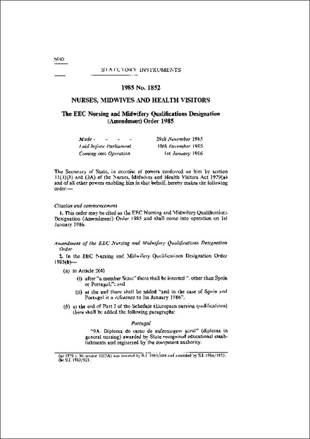 The EEC Nursing and Midwifery Qualifications Designation (Amendment) Order 1985