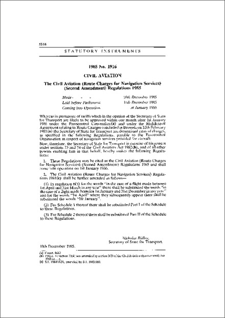 The Civil Aviation (Route Charges for Navigation Services) (Second Amendment) Regulations 1985