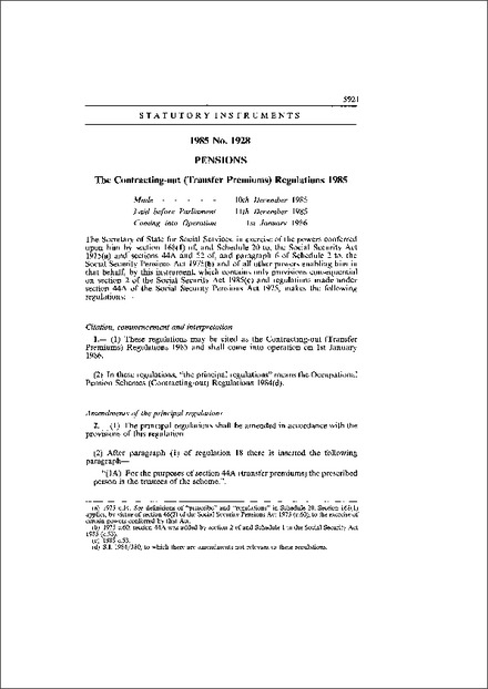 The Contracting-out (Transfer Premiums) Regulations 1985