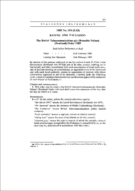 The British Telecommunications plc (Rateable Values) (Scotland) Order 1985
