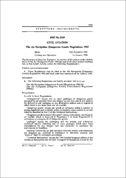 The Air Navigation (Dangerous Goods) Regulations 1985