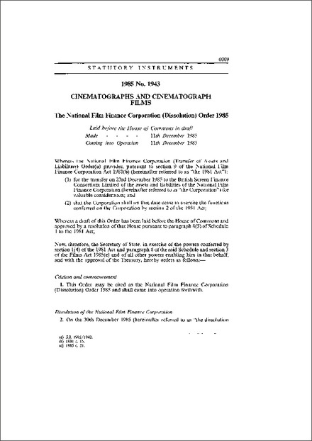 The National Film Finance Corporation (Dissolution) Order 1985
