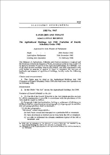 The Agricultural Holdings Act 1948 (Variation of Fourth Schedule) Order 1985