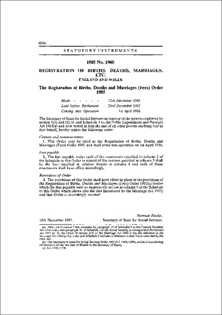 The Registration of Births, Deaths and Marriages (Fees) Order 1985