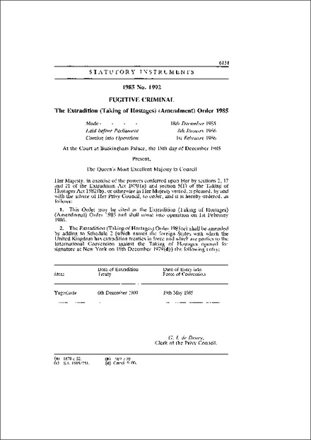 The Extradition (Taking of Hostages) (Amendment) Order 1985