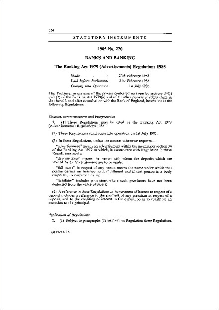 The Banking Act 1979 (Advertisements) Regulations 1985