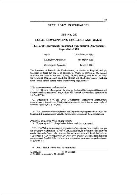 The Local Government (Prescribed Expenditure) (Amendment) Regulations 1985