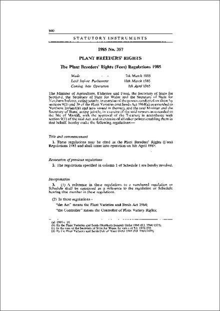 The Plant Breeders' Rights (Fees) Regulations 1985