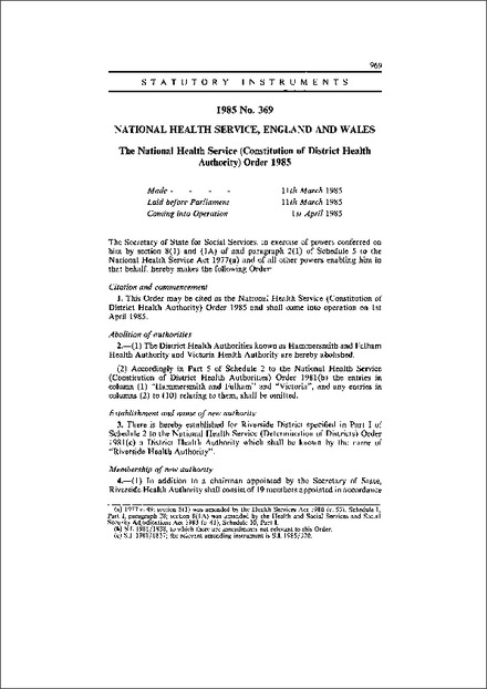 The National Health Service (Constitution of District Health Authority) Order 1985