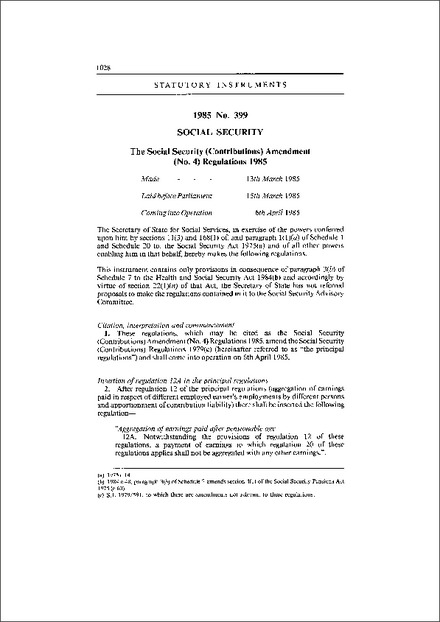 The Social Security (Contributions) Amendment (No. 4) Regulations 1985