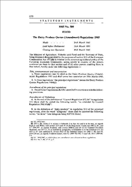 The Dairy Produce Quotas (Amendment) Regulations 1985