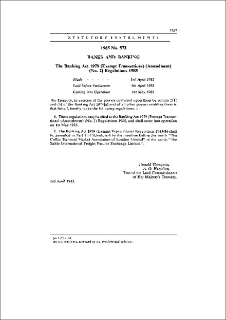 The Banking Act 1979 (Exempt Transactions) (Amendment) (No. 2) Regulations 1985