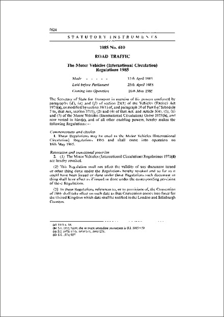 The Motor Vehicles (International Circulation) Regulations 1985