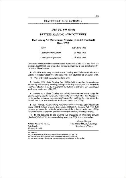 The Gaming Act (Variation of Monetary Limits) (Scotland) Order 1985