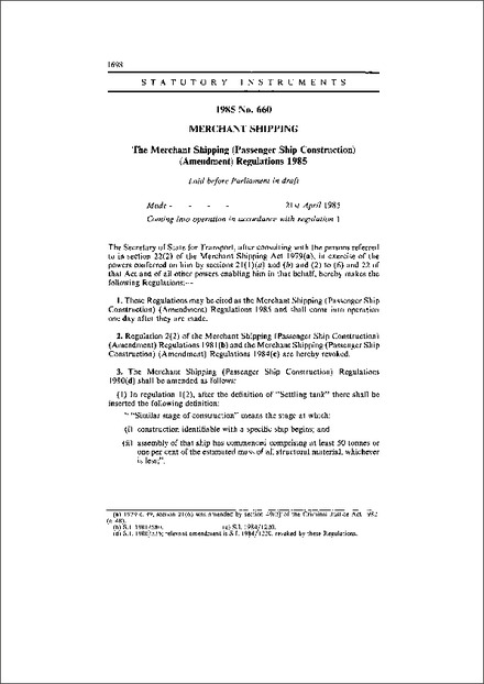 The Merchant Shipping (Passenger Ship Construction) (Amendment) Regulations 1985