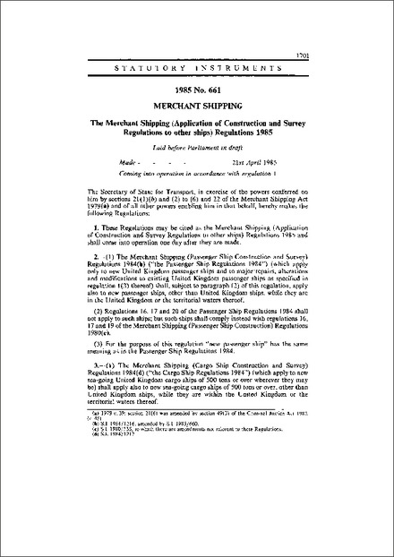 The Merchant Shipping (Application of Construction and Survey Regulations to other ships) Regulations 1985