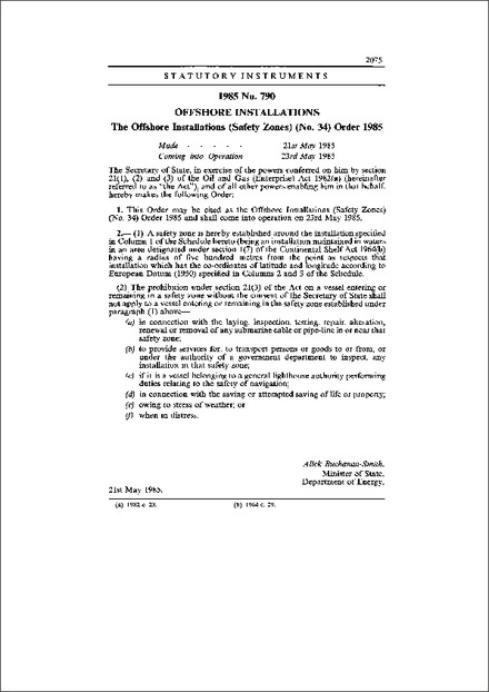 The Offshore Installations (Safety Zones) (No. 34) Order 1985