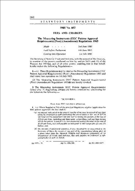 The Measuring Instruments (EEC Pattern Approval Requirements) (Fees) (Amendment) Regulations 1985