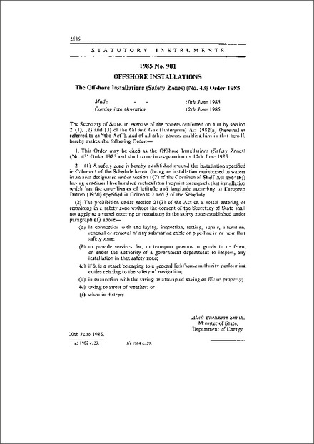 The Offshore Installations (Safety Zones) (No. 43) Order 1985