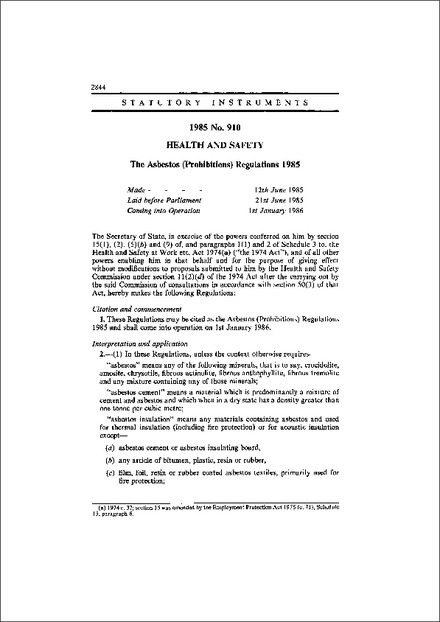 The asbestos (prohibitions) regulations 1985