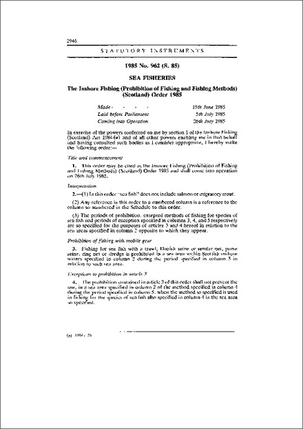 The Inshore Fishing (Prohibition of Fishing and Fishing Methods) (Scotland) Order 1985