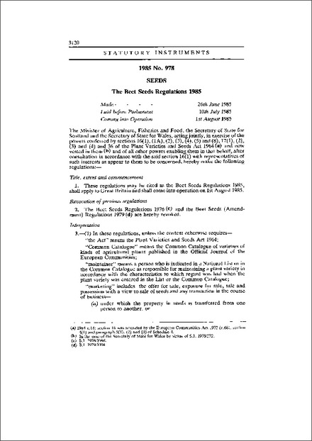The Beet Seeds Regulations 1985