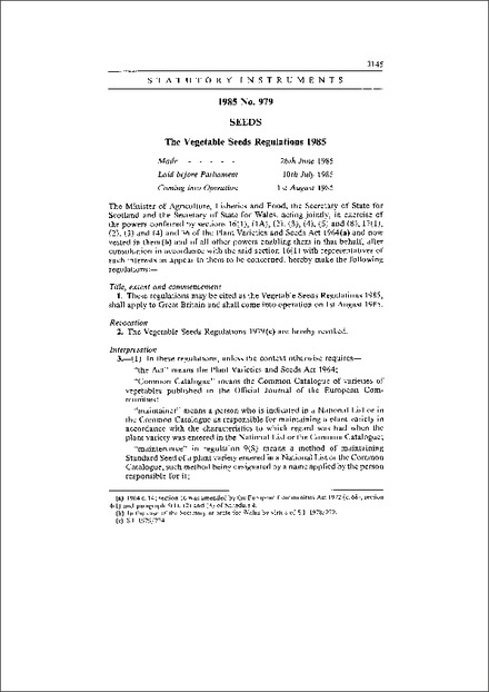 The Vegetable Seeds Regulations 1985