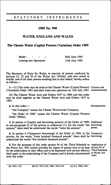 The Chester Water (Capital Powers) (Variation) Order 1985