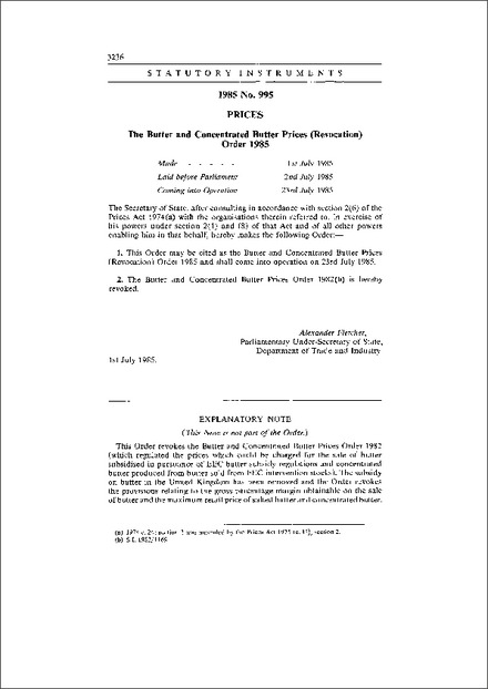 The Butter and Concentrated Butter Prices (Revocation) Order 1985