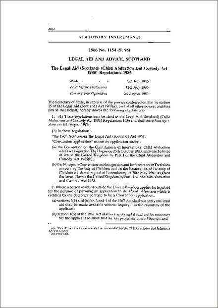 The Legal Aid (Scotland) (Child Abduction and Custody Act 1985) Regulations 1986