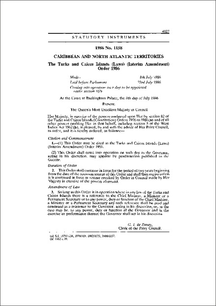 The Turks and Caicos Islands (Laws) (Interim Amendment) Order 1986