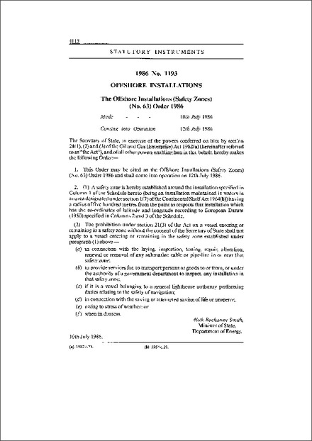 The Offshore Installations (Safety Zones) (No. 63) Order 1986