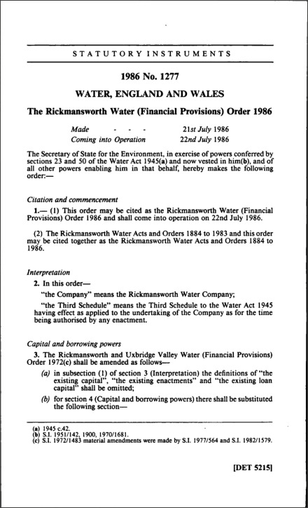 The Rickmansworth Water (Financial Provisions) Order 1986