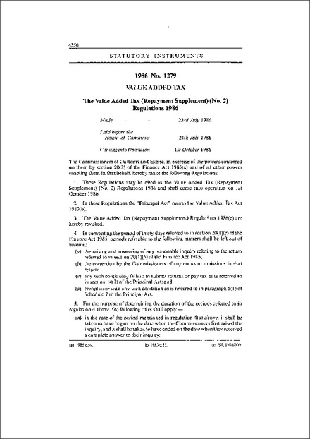 The Value Added Tax (Repayment Supplement) (No. 2) Regulations 1986