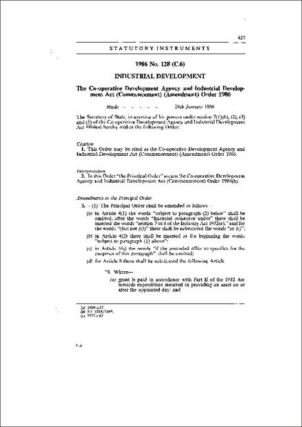 The Co-operative Development Agency and Industrial Development Act (Commencement) (Amendment) Order 1986