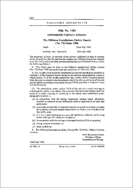 The Offshore Installations (Safety Zones) (No. 72) Order 1986